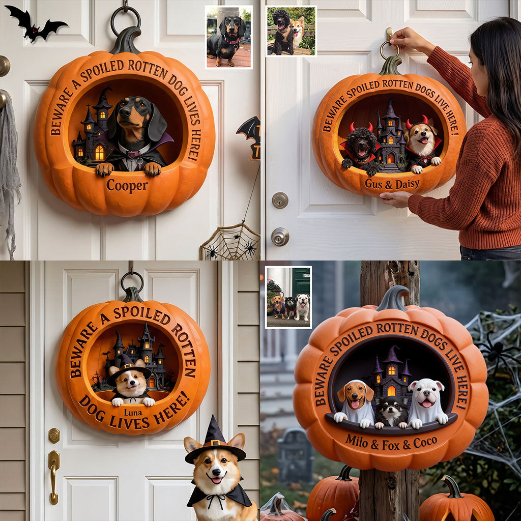 Dogs in Halloween Costumes Pumpkin - Personalized Dog Custom Shaped Wood Sign