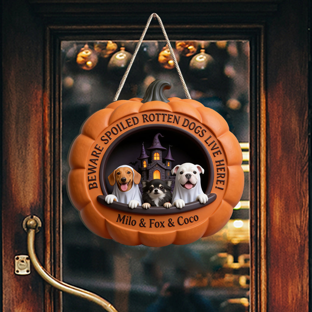 Dogs in Halloween Costumes Pumpkin - Personalized Dog Custom Shaped Wood Sign