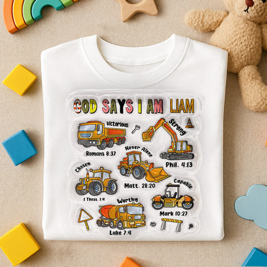 Dieu dit que je suis et une voiture de chantier - T-shirt et sweat à capuche personnalisés pour enfant