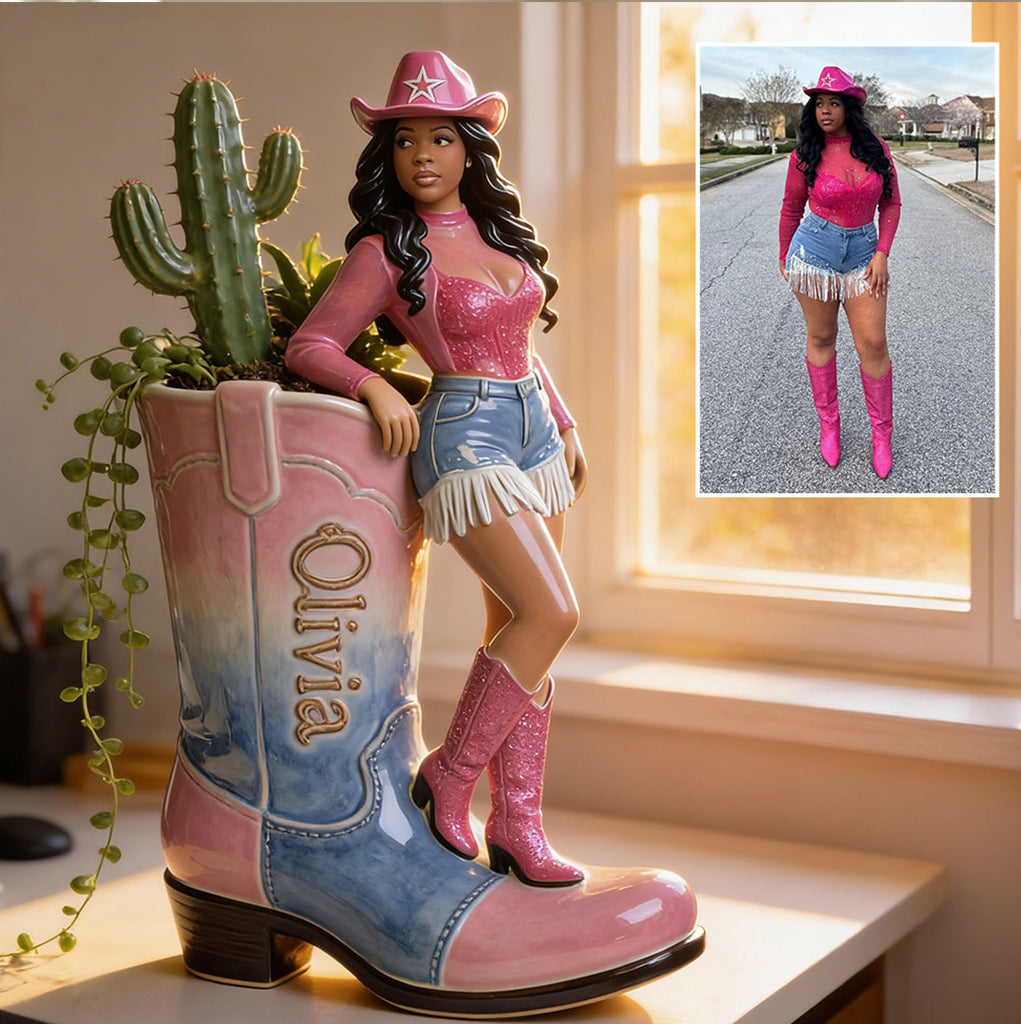 Custom Any Photo Cowgirl Style - Personalized Cowgirl Acrylic Pot