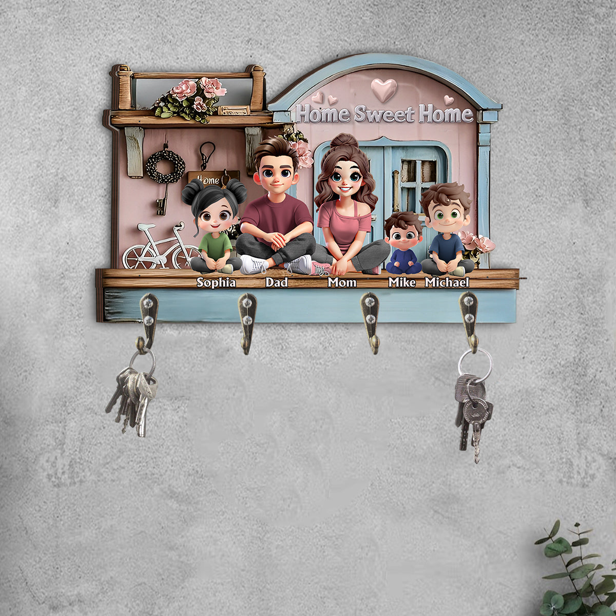 Home Sweet Home - Personalized Family Custom Shaped Key Rack