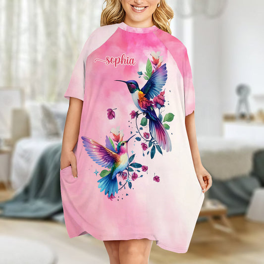 Oiseaux violets - Robe-t-shirt de nuit personnalisée avec colibri