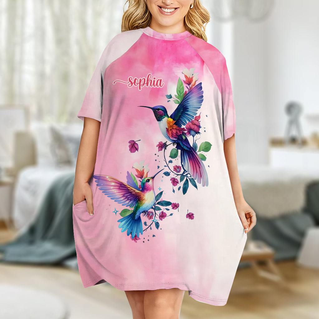 Oiseaux violets - Robe-t-shirt de nuit personnalisée avec colibri