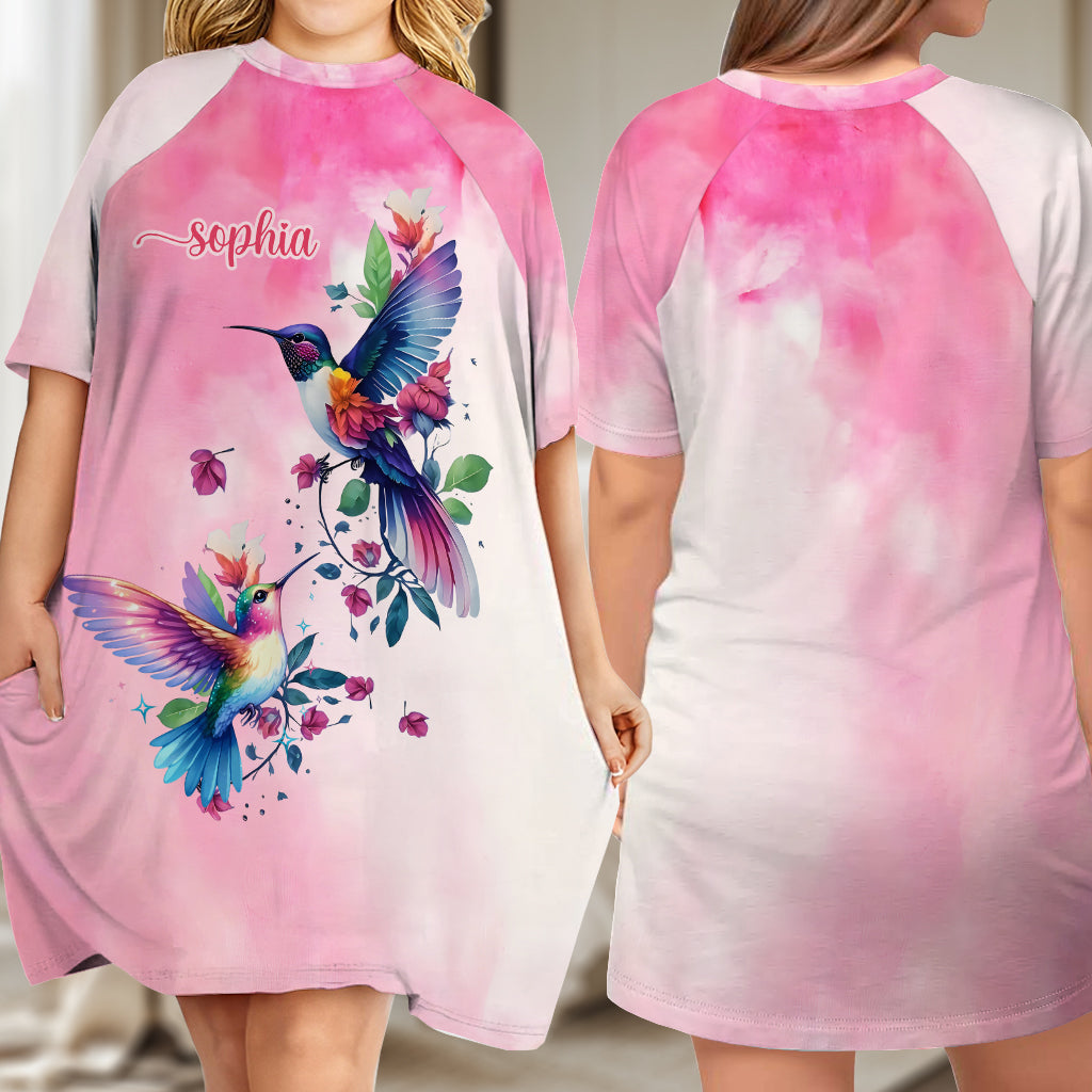 Oiseaux violets - Robe-t-shirt de nuit personnalisée avec colibri