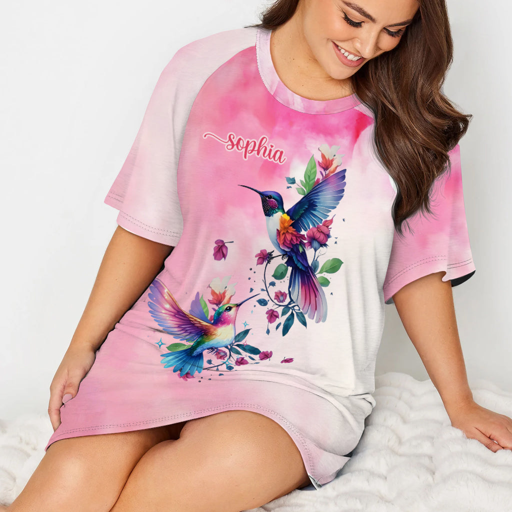 Oiseaux violets - Robe-t-shirt de nuit personnalisée avec colibri