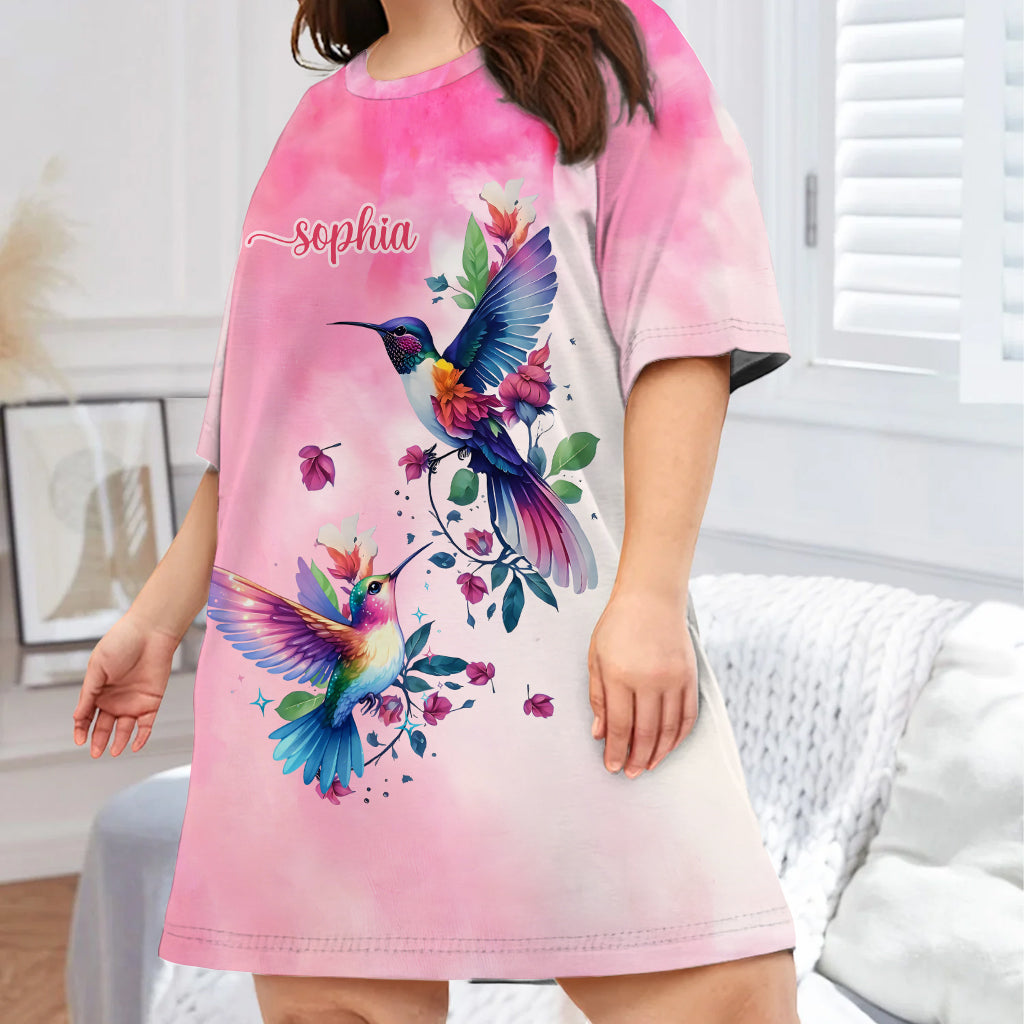 Oiseaux violets - Robe-t-shirt de nuit personnalisée avec colibri