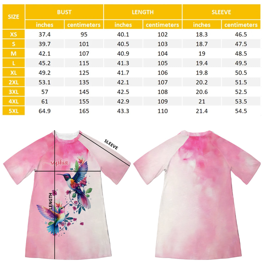 Oiseaux violets - Robe-t-shirt de nuit personnalisée avec colibri