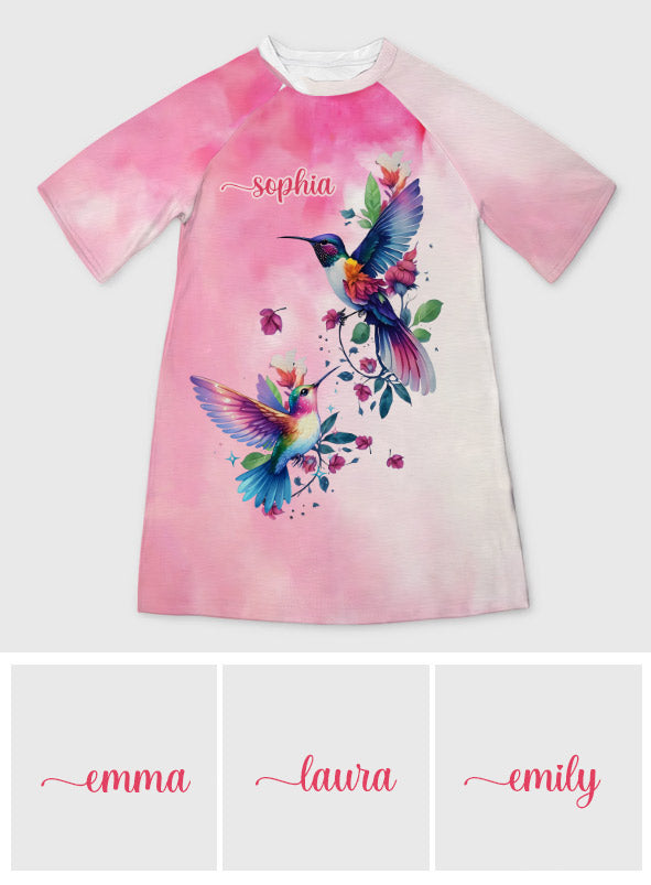 Oiseaux violets - Robe-t-shirt de nuit personnalisée avec colibri