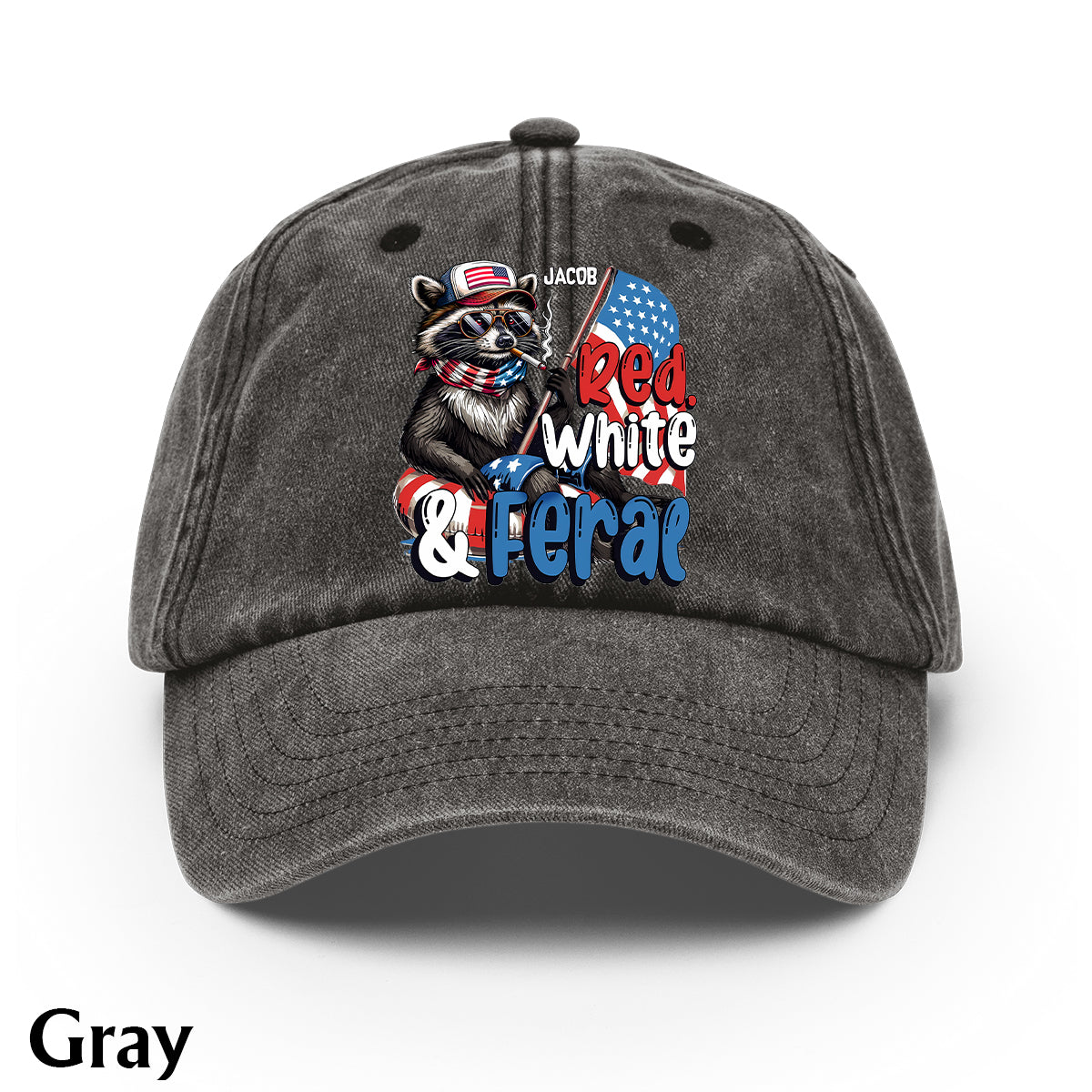 Red, White & Feral Racoon - Personalized Independence Day/ 4th of July Washed Denim Cap