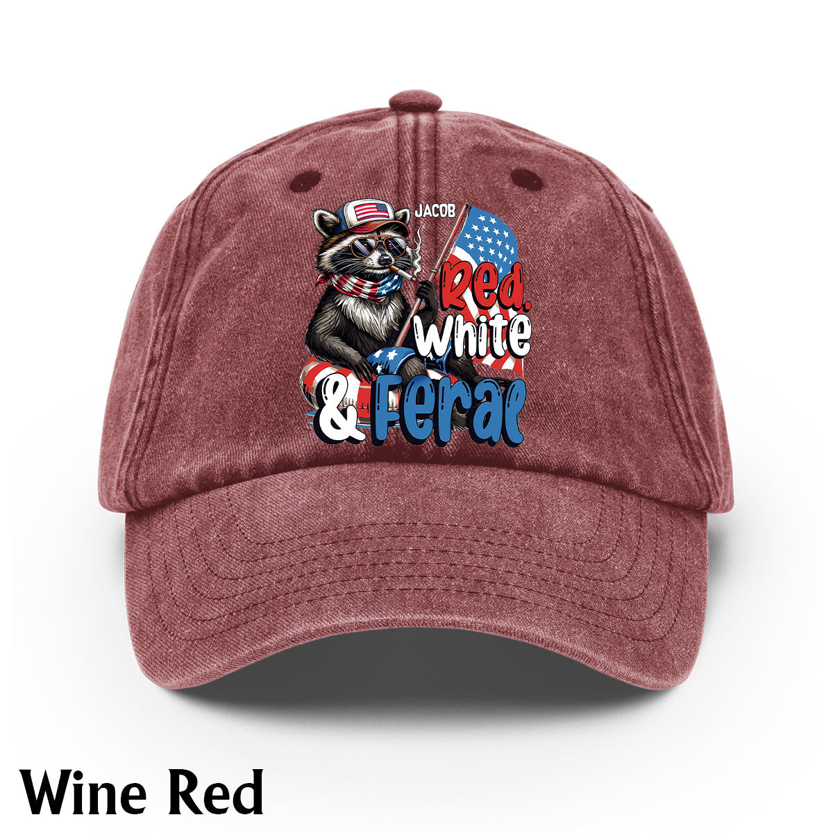 Red, White & Feral Racoon - Personalized Independence Day/ 4th of July Washed Denim Cap