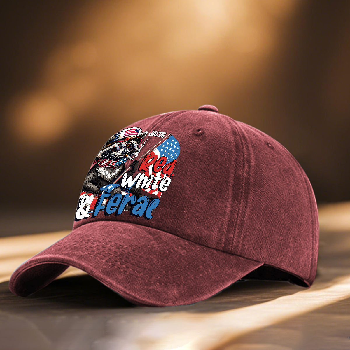 Red, White & Feral Racoon - Personalized Independence Day/ 4th of July Washed Denim Cap