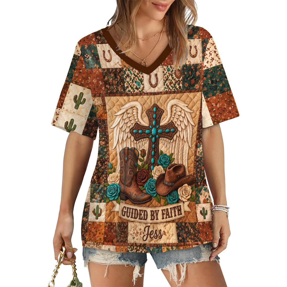 Guided By Faith - Personalized Cowgirl Fully Printed V-Neck T-Shirt