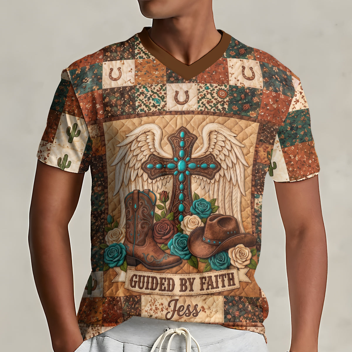 Guided By Faith - Personalized Cowgirl Fully Printed V-Neck T-Shirt