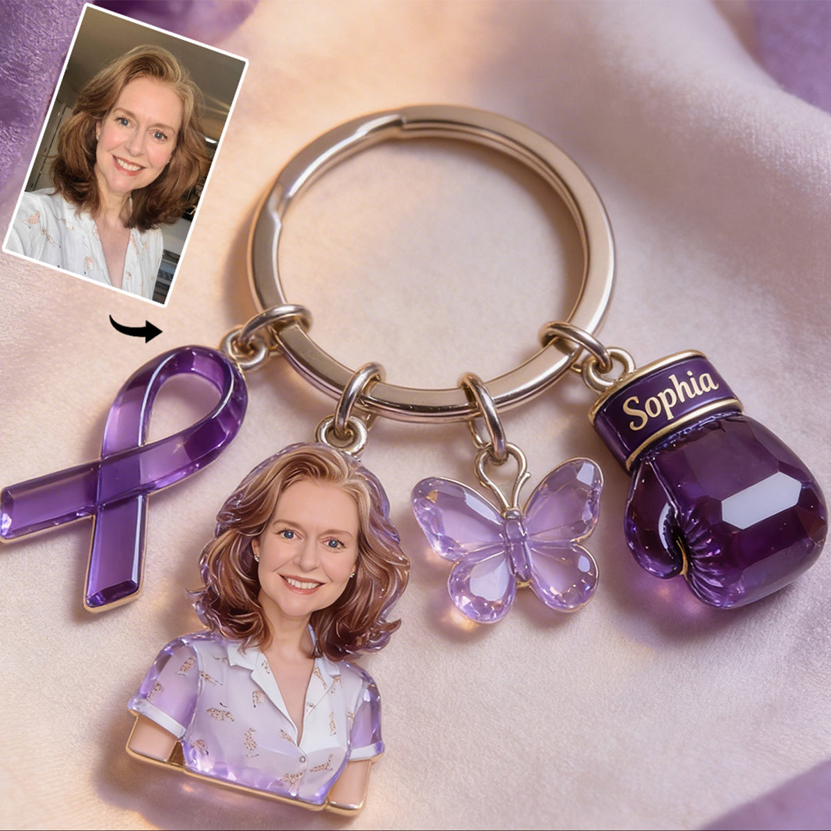 Foi, Espoir, Amour - Porte-clés personnalisé de sensibilisation au cancer du sein avec breloques