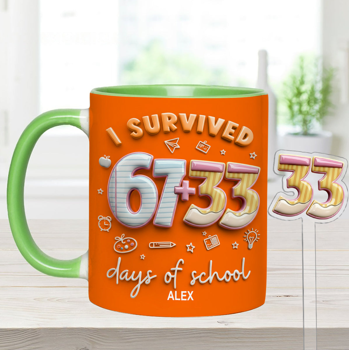 I Survived 67 + 33 Days Of School - Personalized Teacher Set Accent Mug with Acrylic Stirres