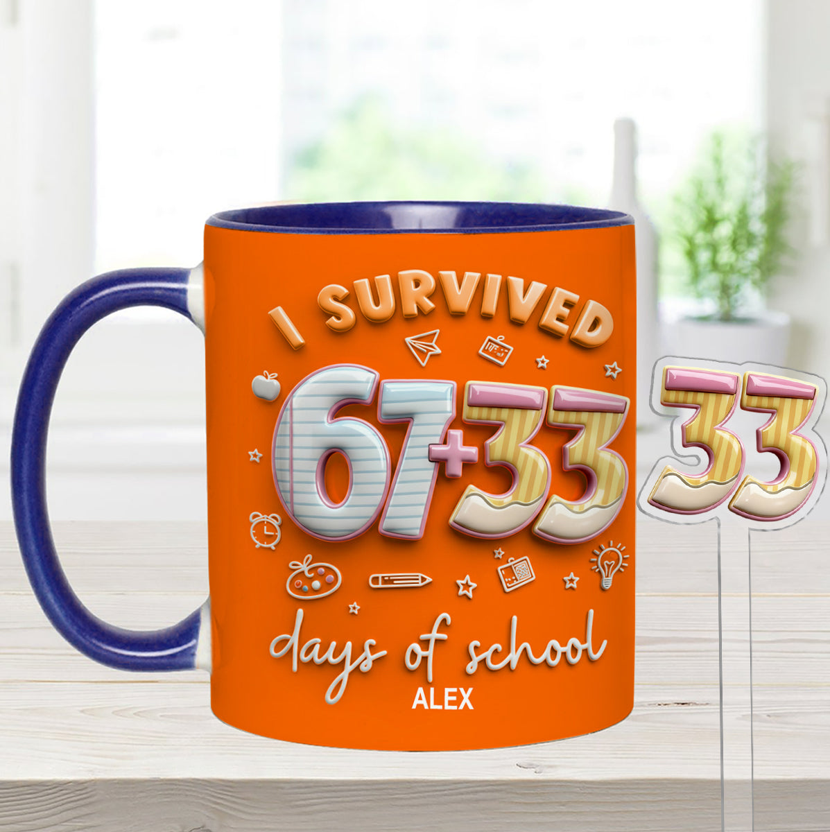I Survived 67 + 33 Days Of School - Personalized Teacher Set Accent Mug with Acrylic Stirres