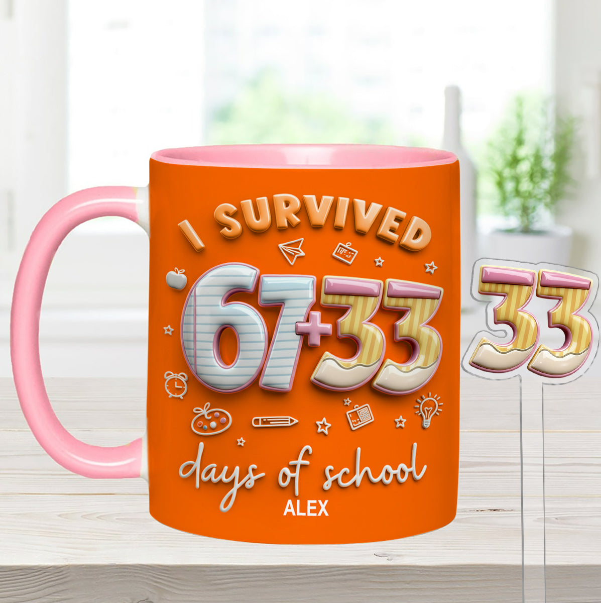 I Survived 67 + 33 Days Of School - Personalized Teacher Set Accent Mug with Acrylic Stirres