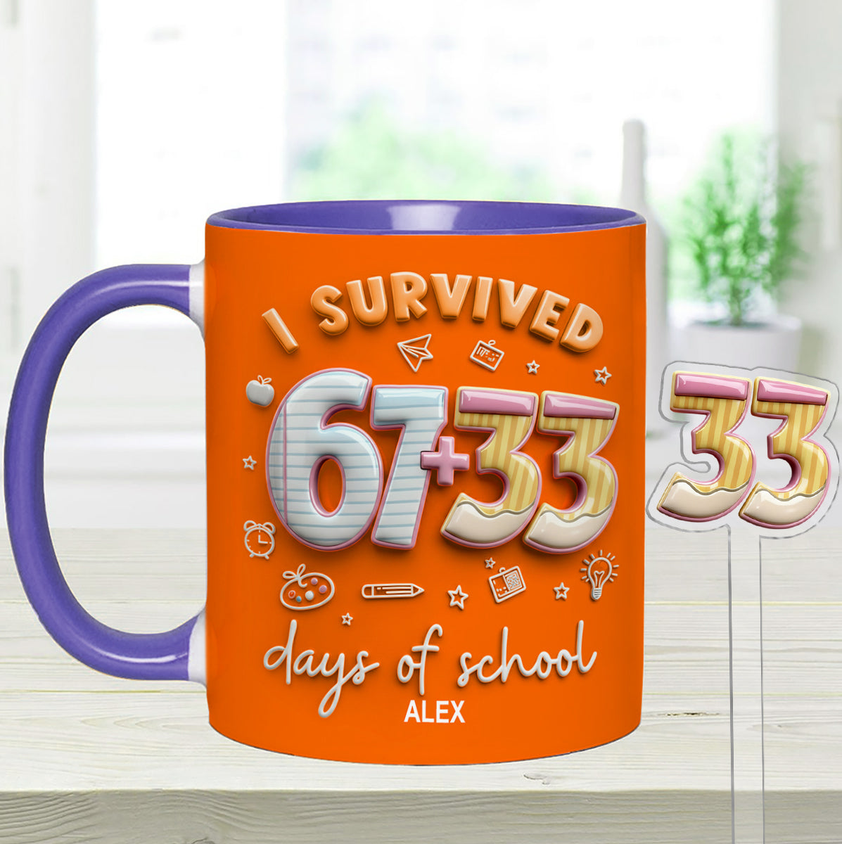 I Survived 67 + 33 Days Of School - Personalized Teacher Set Accent Mug with Acrylic Stirres