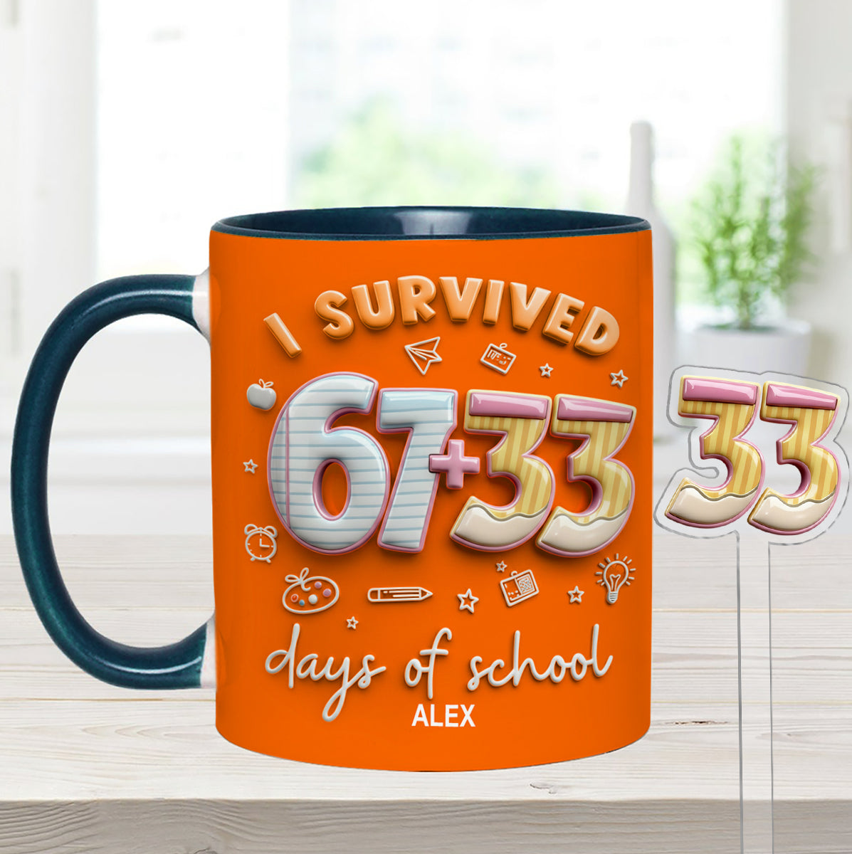 I Survived 67 + 33 Days Of School - Personalized Teacher Set Accent Mug with Acrylic Stirres