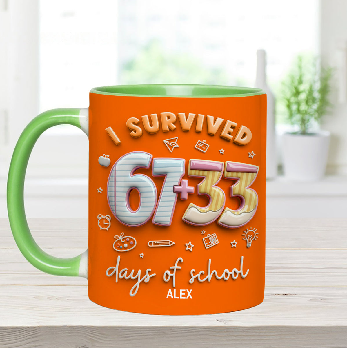 I Survived 67 + 33 Days Of School - Personalized Teacher Set Accent Mug with Acrylic Stirres
