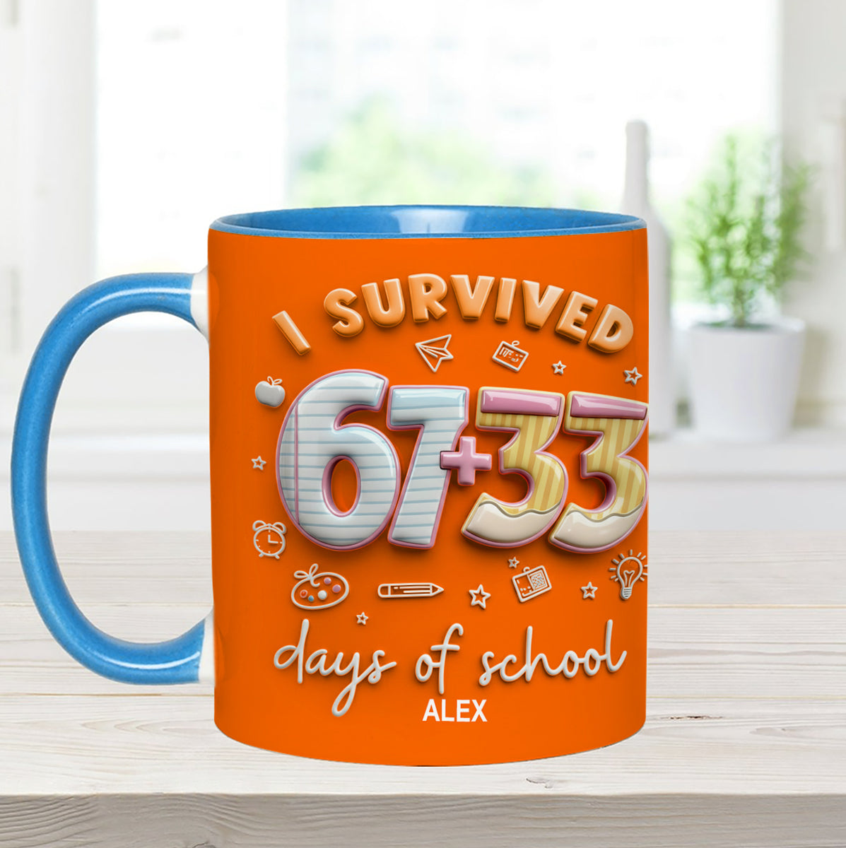 I Survived 67 + 33 Days Of School - Personalized Teacher Set Accent Mug with Acrylic Stirres