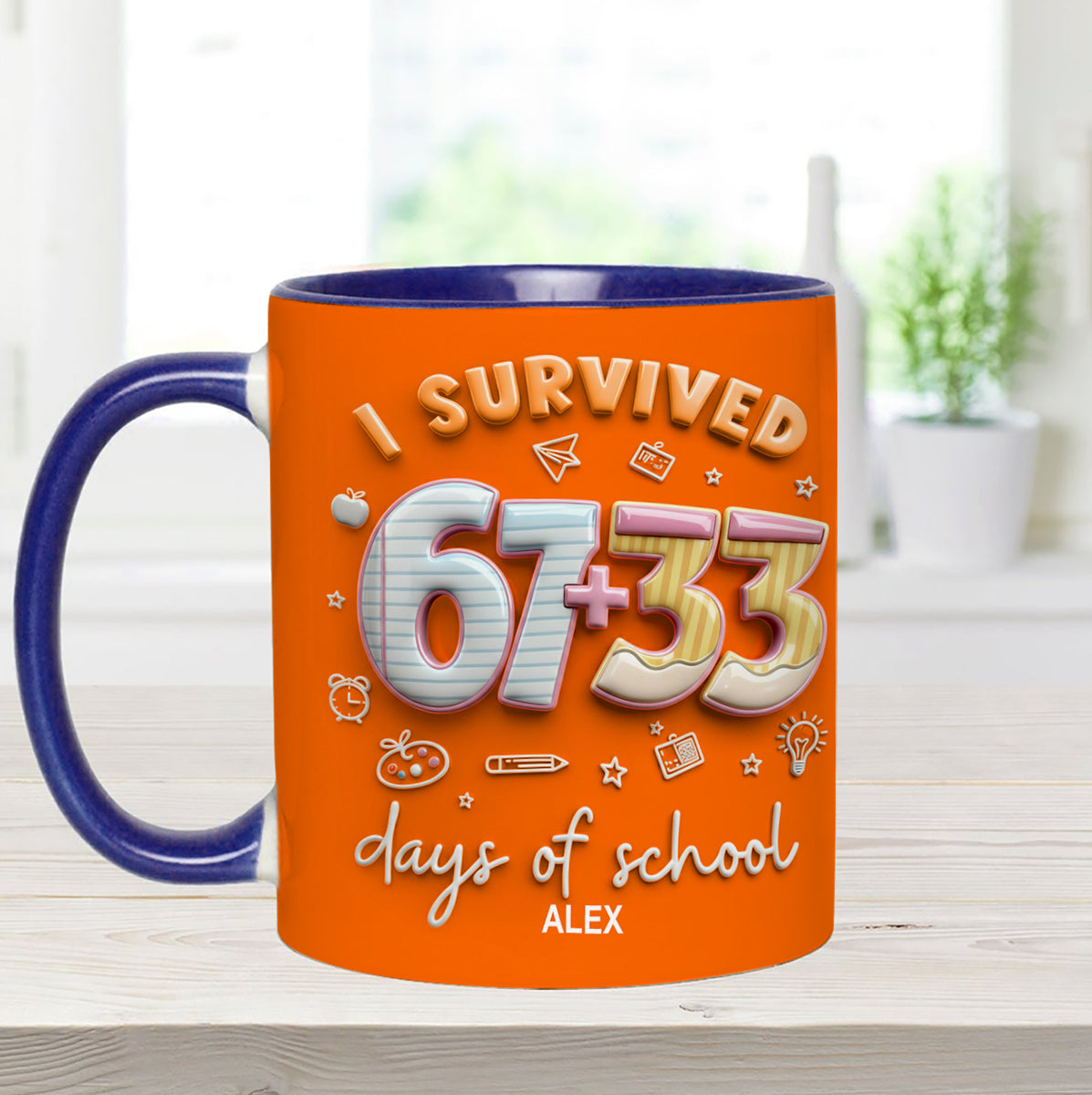 I Survived 67 + 33 Days Of School - Personalized Teacher Set Accent Mug with Acrylic Stirres