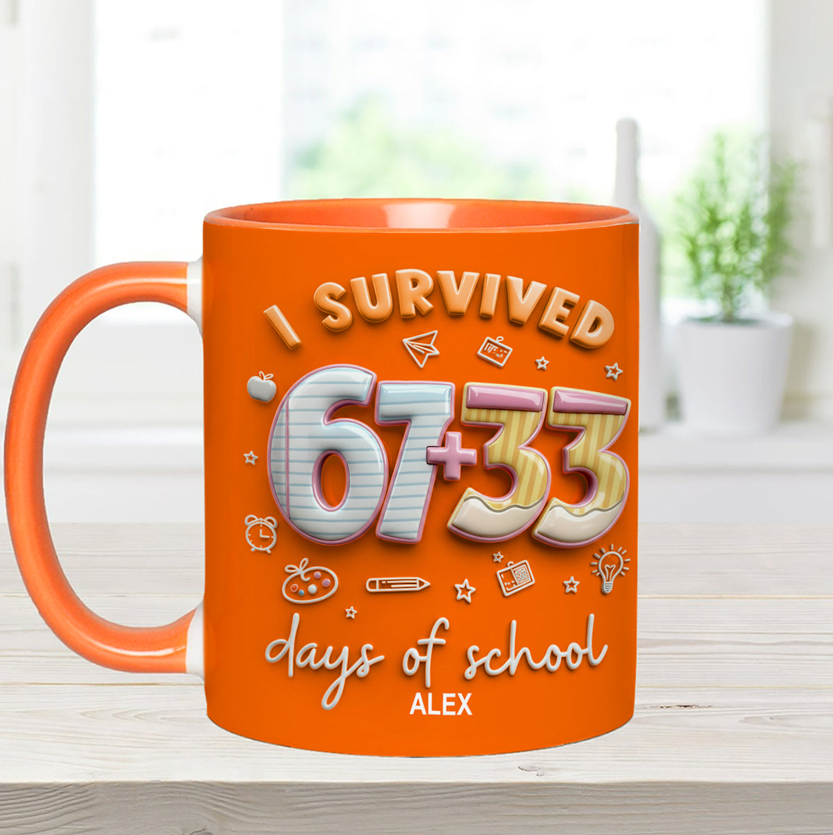 I Survived 67 + 33 Days Of School - Personalized Teacher Set Accent Mug with Acrylic Stirres