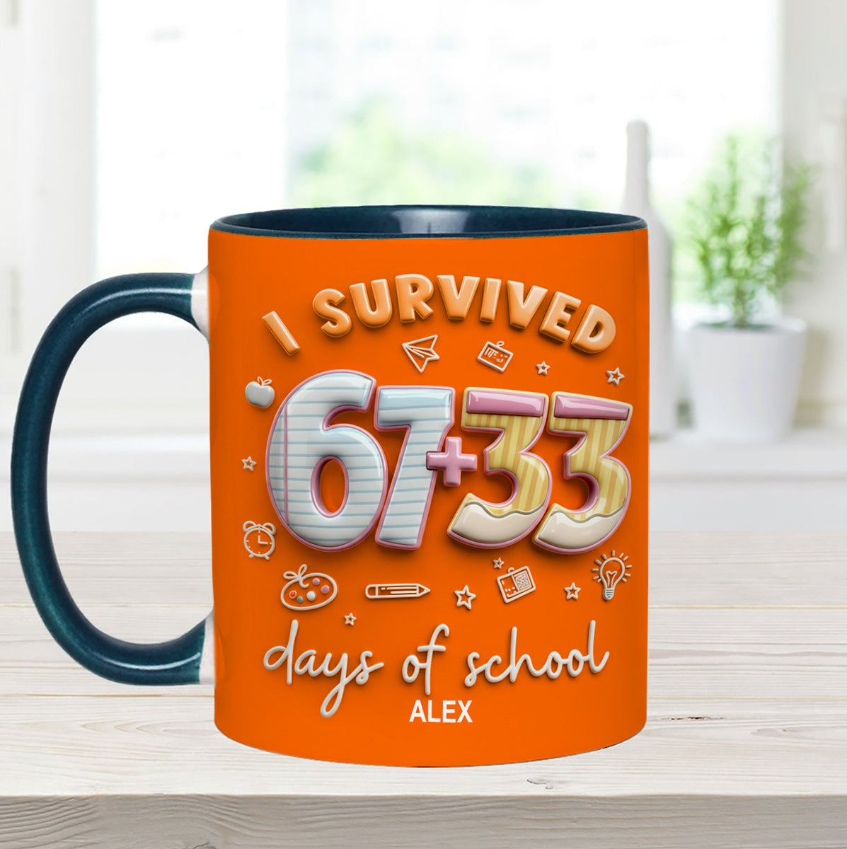 I Survived 67 + 33 Days Of School - Personalized Teacher Set Accent Mug with Acrylic Stirres