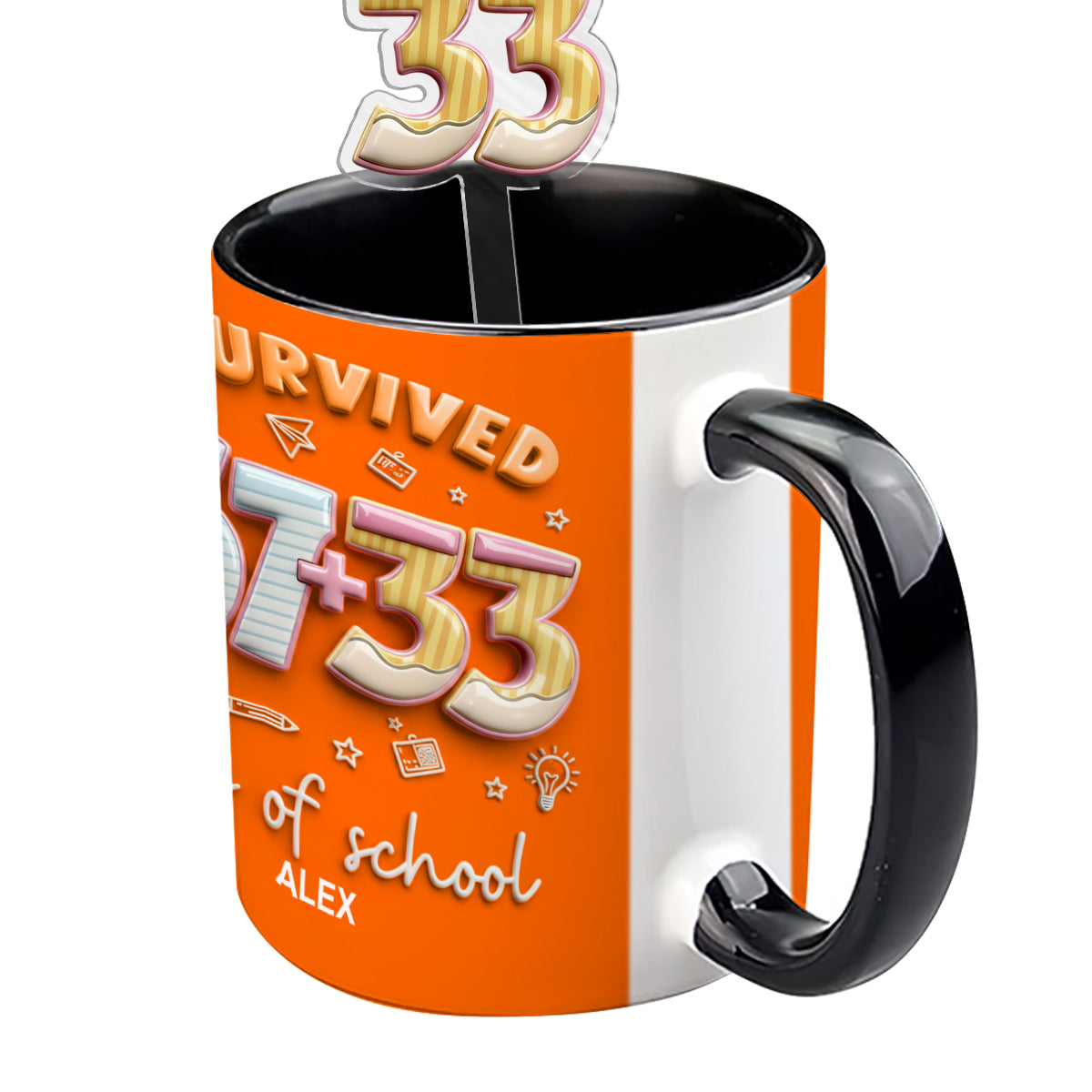 I Survived 67 + 33 Days Of School - Personalized Teacher Set Accent Mug with Acrylic Stirres