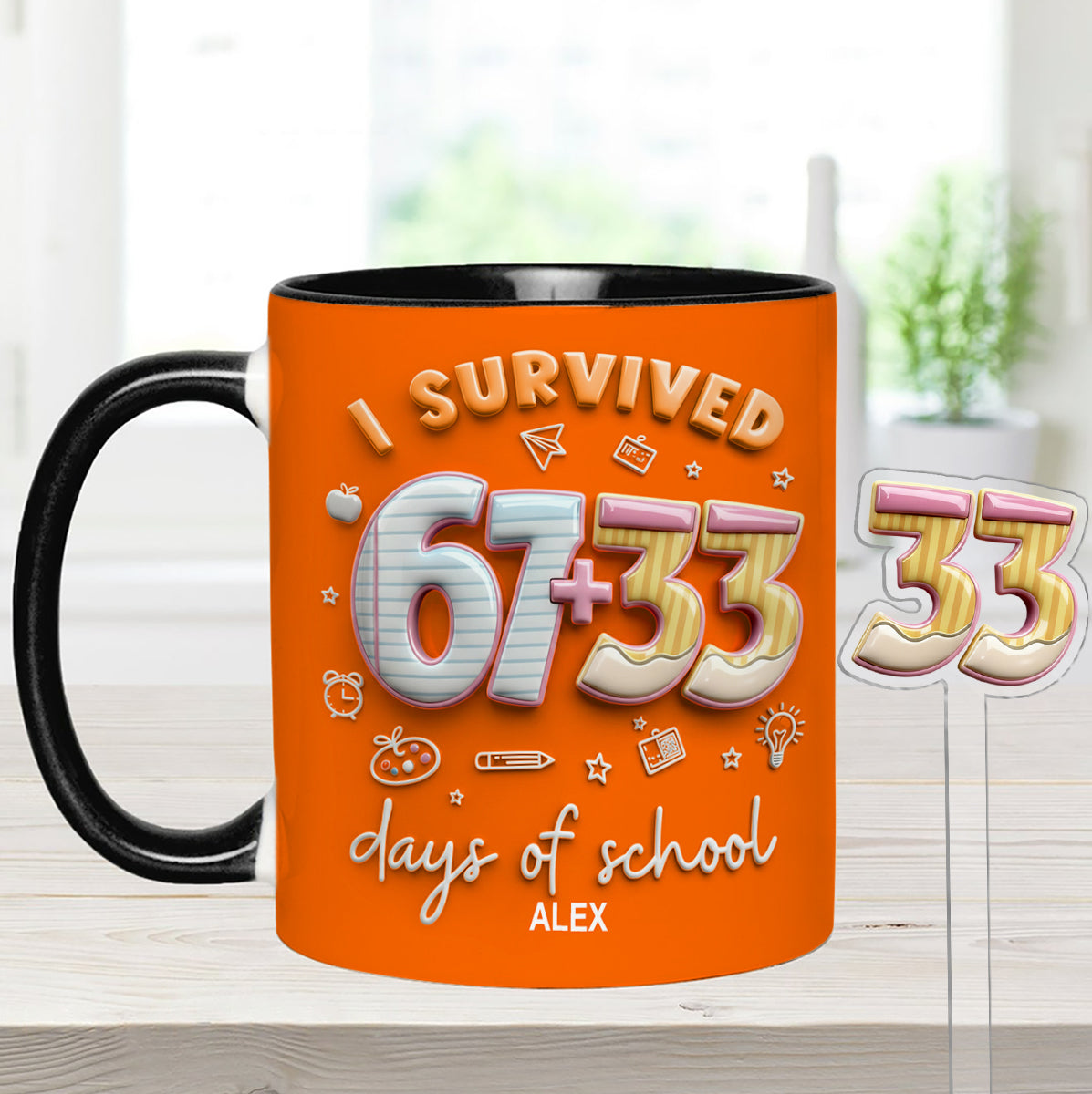 I Survived 67 + 33 Days Of School - Personalized Teacher Set Accent Mug with Acrylic Stirres