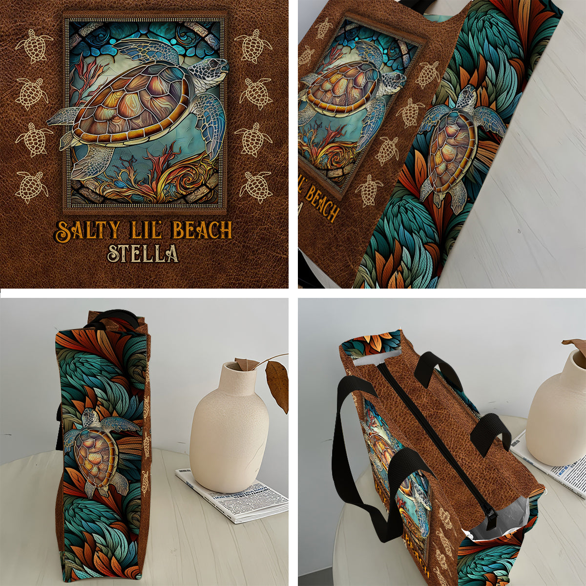 Salty Lil Beach - Sac fourre-tout en toile personnalisé avec imprimé tortue intégral