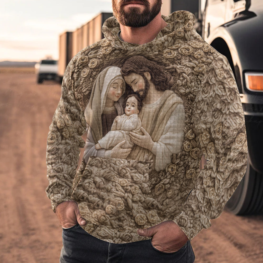 La Sainte Famille - Sweat à capuche chrétien à motif gaufré