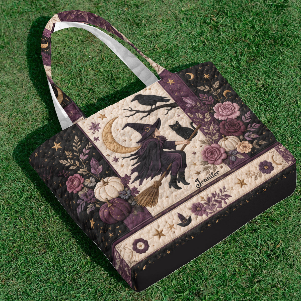 Crescent Moon Crow Witch - Personalized Witch Quilted Tote Bag