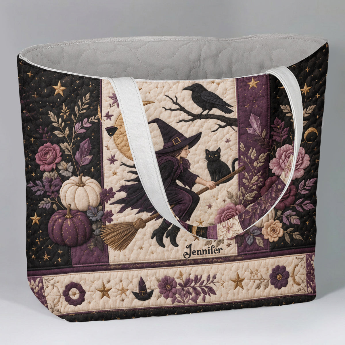 Crescent Moon Crow Witch - Personalized Witch Quilted Tote Bag