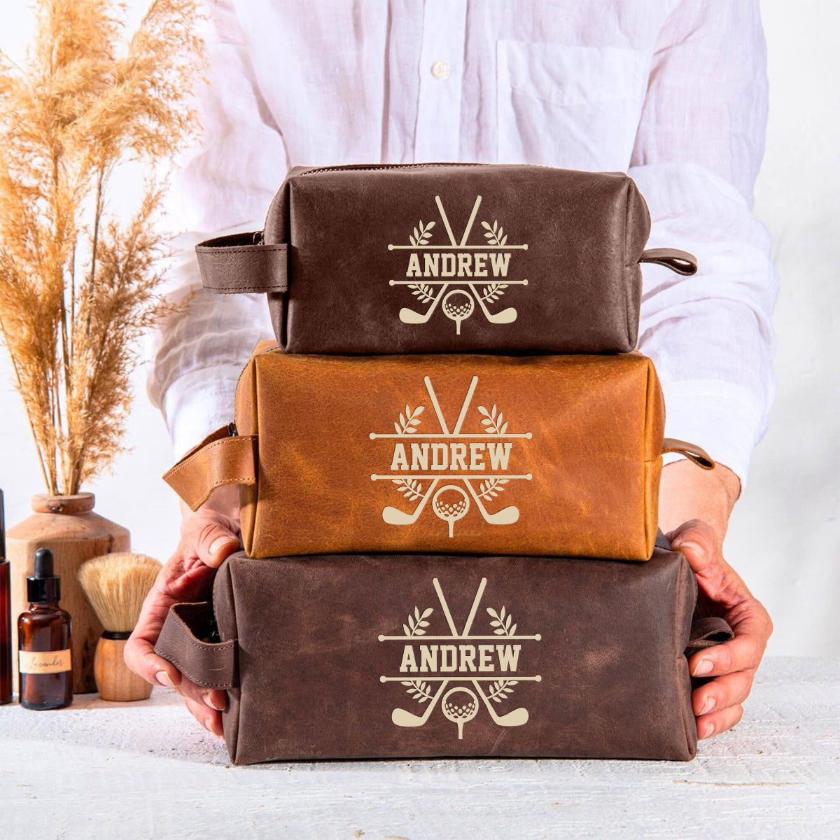 Pour l'homme qui vit comme au golf - Trousse de toilette personnalisée en cuir sur le thème du golf