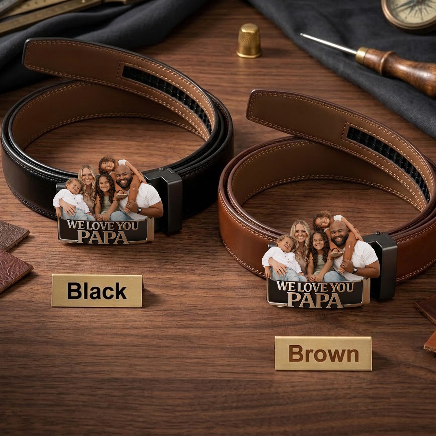 Best Dad Ever - Personalized Father Leather Belt With Shaped Buckle