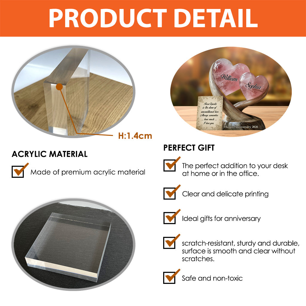 Plaque acrylique personnalisée en forme de quartz rose, cadeau d'anniversaire, cadeau de Saint-Valentin, amour inconditionnel - Cadeau personnalisé pour couple