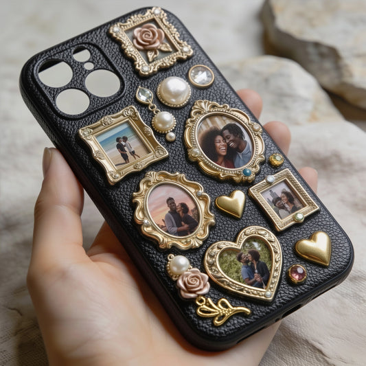 Cadre photo pour couple - Cadeau unique - Étui de téléphone en cuir personnalisé pour couple