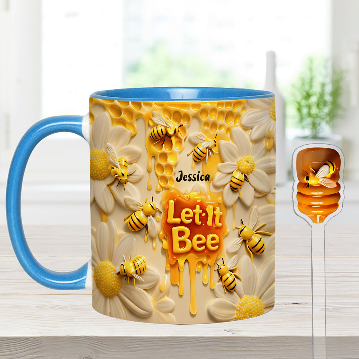 Let It Bee, Bee Flowers - Mug personnalisé avec agitateurs en acrylique