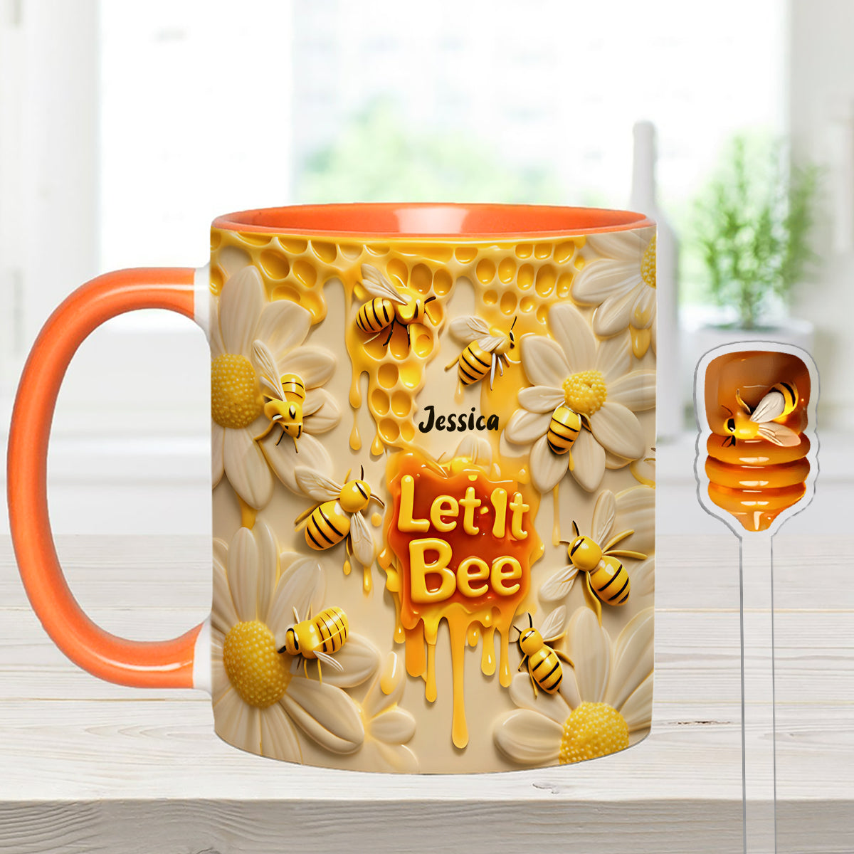 Let It Bee, Bee Flowers - Mug personnalisé avec agitateurs en acrylique