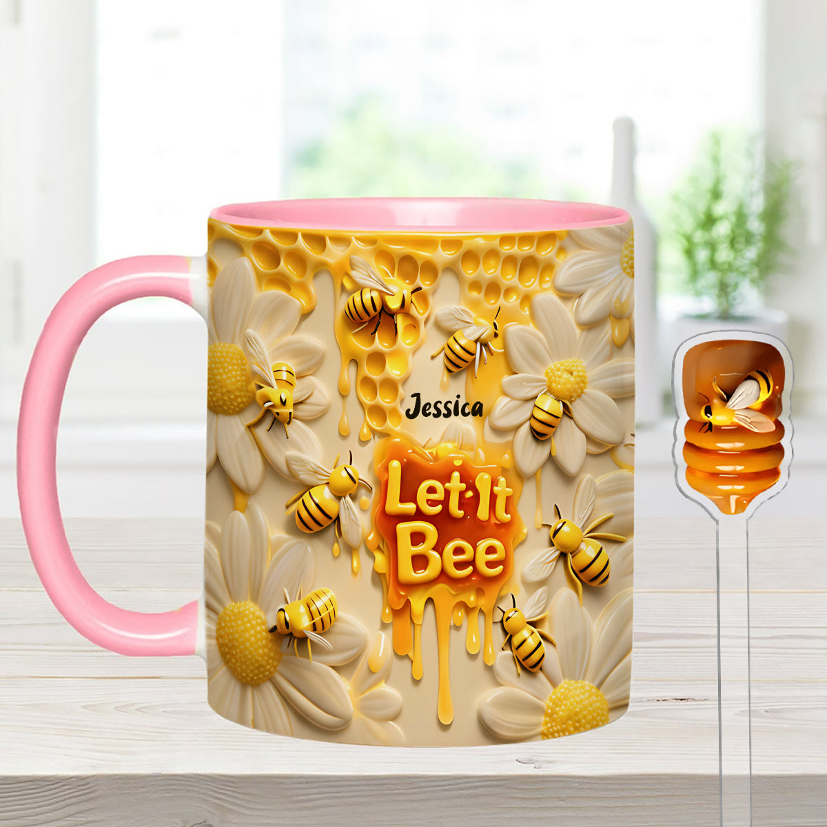 Let It Bee, Bee Flowers - Mug personnalisé avec agitateurs en acrylique