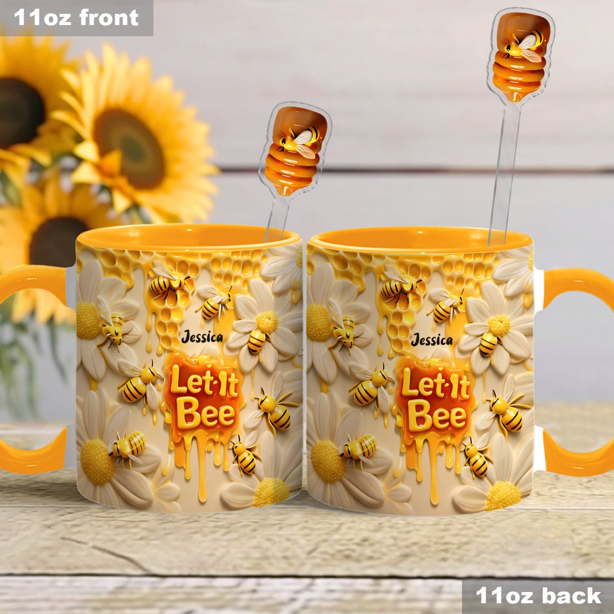 Let It Bee, Bee Flowers - Mug personnalisé avec agitateurs en acrylique