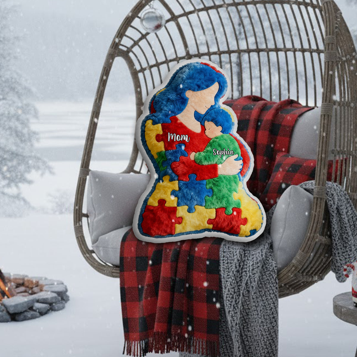 Mom And Kid - Personalized Autism Awareness Faux Fur Shaped Pillow