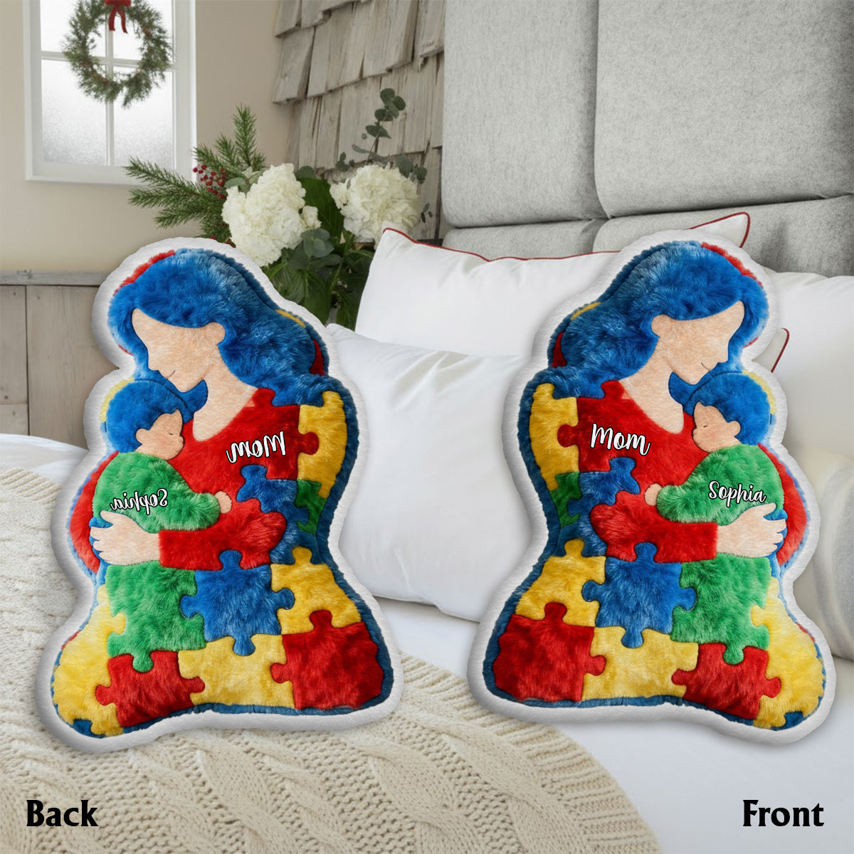 Mom And Kid - Personalized Autism Awareness Faux Fur Shaped Pillow