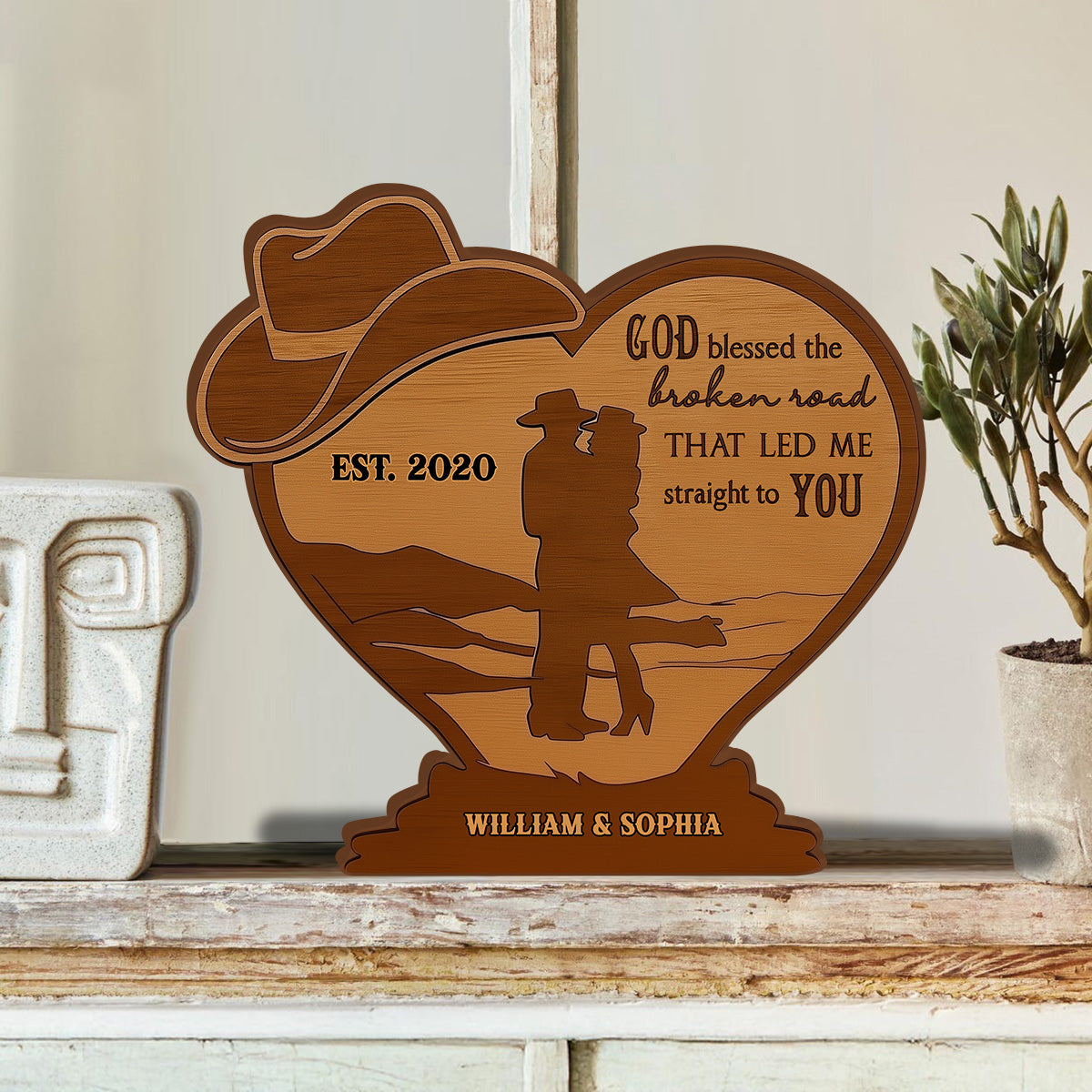 Couple de cowboys, Dieu a béni la route brisée - Plaque en bois personnalisée pour couple