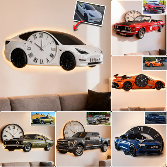 Horloge murale lumineuse LED personnalisée pour passionnés de voitures - Photo au choix