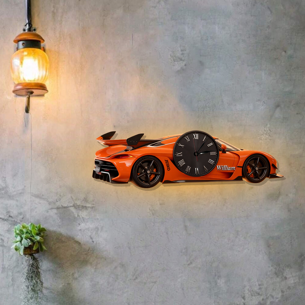 Horloge murale lumineuse LED personnalisée pour passionnés de voitures - Photo au choix