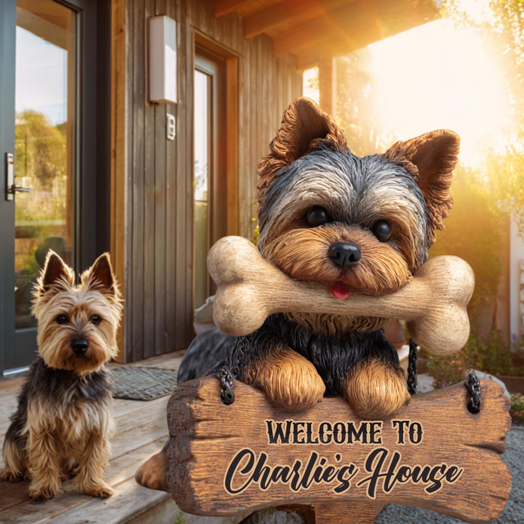 Bienvenue chez moi ! Panneau de jardin personnalisé Yorkshire Terriers en acrylique