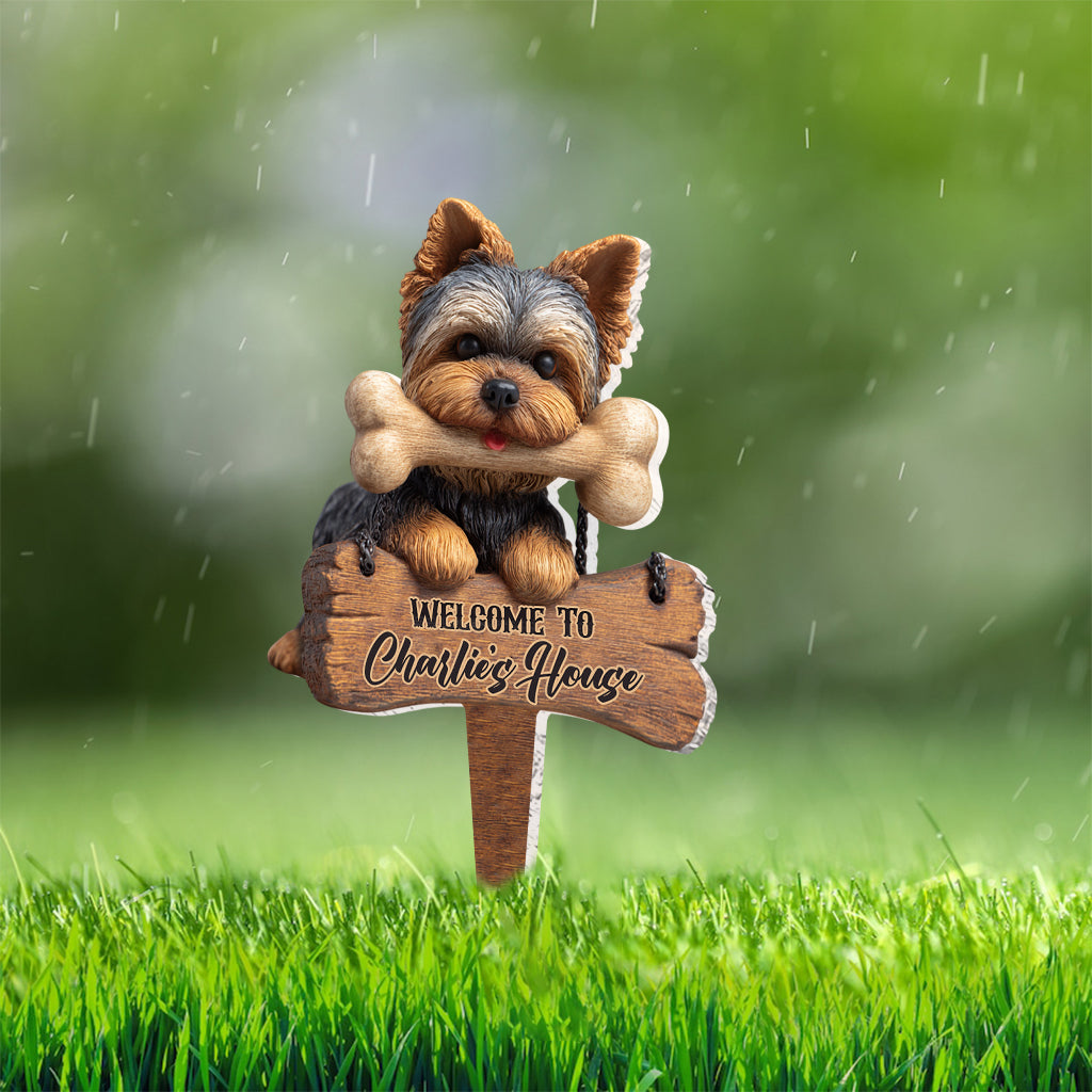 Bienvenue chez moi ! Panneau de jardin personnalisé Yorkshire Terriers en acrylique