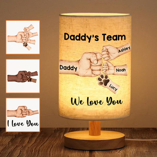 Lampe de table personnalisée « Première grossesse » de l'équipe de papa, avec socle en bois